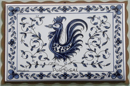 Azulejo com madeira decorado Galo de Águeda azul 15x20cm