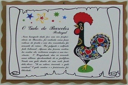 Azulejo com madeira decorado lenda Galo de Barcelos 15x20cm