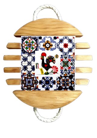 Base de tacho Galo Barcelos em Madeira Natural 10x10 cm