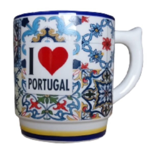 Caneca decorada em faiança motivo I love Portugal