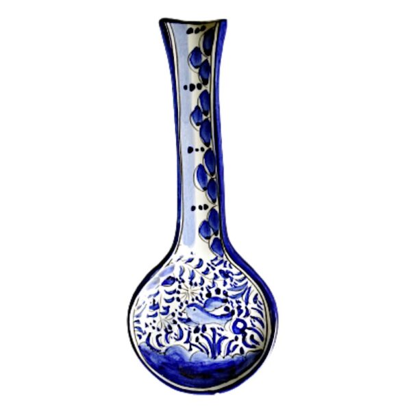 Suporte de colher em faiança pintado à mão motivo pássaro azul